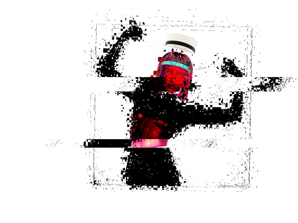 This digital artwork is a compelling piece of **glitch art** that explores themes of identity and technological fragmentation. It uses heavy digital distortion to "deconstruct" a portrait, creating a sense of a human signal being lost in noise. ### Composition and Subject * **Central Figure:** The piece features a central human figure, seemingly mid-motion with arms raised in a dynamic, defensive, or expressive pose. * **Headwear:** The most distinct and "solid" element is a white **boater hat** with a black ribbon, which provides a grounded, classic fashion element amidst the digital chaos. * **Framing:** The figure is loosely framed within a faint, sketchy square border that appears to be disintegrating along with the subject. ### Color and Contrast * **High Contrast:** The work relies on a stark **monochromatic background** (pure white) which makes the dark, fragmented silhouette of the figure pop intensely. * **Primary Palette:** The dominant colors are deep blacks and saturated **crimson and magenta reds**. * **Accent Colors:** Small, sharp bursts of **cyan and teal** appear in the glitch artifacts around the head, contrasting with the warm tones of the face. ### Technical Glitch Effects * **Pixelation and Scattering:** The edges of the figure are not solid; they are shattered into thousands of tiny black pixels that seem to be drifting away into the white void. * **Horizontal Data Corruption:** Several thick horizontal bars—reminiscent of **analog scan lines** or corrupted video data—cut across the figure's face and torso, "masking" parts of the subject. * **Thermal/Inverted Face:** The face is rendered in a high-intensity red and pink palette, with the eyes appearing as glowing white voids, giving the subject an ethereal or "monitored" appearance. --- The overall mood is one of **digital decay**. It feels like a captured moment from a failing transmission, where the human form is being converted into—and potentially erased by—pure data. 