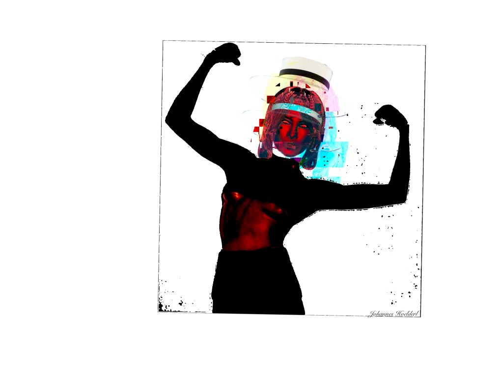 This digital artwork is a compelling piece of **glitch art** that explores themes of identity and technological fragmentation. It uses heavy digital distortion to "deconstruct" a portrait, creating a sense of a human signal being lost in noise. ### Composition and Subject * **Central Figure:** The piece features a central human figure, seemingly mid-motion with arms raised in a dynamic, defensive, or expressive pose. * **Headwear:** The most distinct and "solid" element is a white **boater hat** with a black ribbon, which provides a grounded, classic fashion element amidst the digital chaos. * **Framing:** The figure is loosely framed within a faint, sketchy square border that appears to be disintegrating along with the subject. ### Color and Contrast * **High Contrast:** The work relies on a stark **monochromatic background** (pure white) which makes the dark, fragmented silhouette of the figure pop intensely. * **Primary Palette:** The dominant colors are deep blacks and saturated **crimson and magenta reds**. * **Accent Colors:** Small, sharp bursts of **cyan and teal** appear in the glitch artifacts around the head, contrasting with the warm tones of the face. ### Technical Glitch Effects * **Pixelation and Scattering:** The edges of the figure are not solid; they are shattered into thousands of tiny black pixels that seem to be drifting away into the white void. * **Horizontal Data Corruption:** Several thick horizontal bars—reminiscent of **analog scan lines** or corrupted video data—cut across the figure's face and torso, "masking" parts of the subject. * **Thermal/Inverted Face:** The face is rendered in a high-intensity red and pink palette, with the eyes appearing as glowing white voids, giving the subject an ethereal or "monitored" appearance. --- The overall mood is one of **digital decay**. It feels like a captured moment from a failing transmission, where the human form is being converted into—and potentially erased by—pure data. 