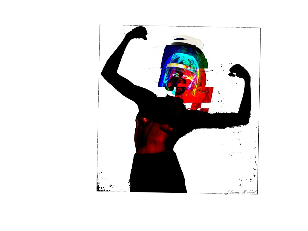 This digital artwork is a compelling piece of **glitch art** that explores themes of identity and technological fragmentation. It uses heavy digital distortion to "deconstruct" a portrait, creating a sense of a human signal being lost in noise. ### Composition and Subject * **Central Figure:** The piece features a central human figure, seemingly mid-motion with arms raised in a dynamic, defensive, or expressive pose. * **Headwear:** The most distinct and "solid" element is a white **boater hat** with a black ribbon, which provides a grounded, classic fashion element amidst the digital chaos. * **Framing:** The figure is loosely framed within a faint, sketchy square border that appears to be disintegrating along with the subject. ### Color and Contrast * **High Contrast:** The work relies on a stark **monochromatic background** (pure white) which makes the dark, fragmented silhouette of the figure pop intensely. * **Primary Palette:** The dominant colors are deep blacks and saturated **crimson and magenta reds**. * **Accent Colors:** Small, sharp bursts of **cyan and teal** appear in the glitch artifacts around the head, contrasting with the warm tones of the face. ### Technical Glitch Effects * **Pixelation and Scattering:** The edges of the figure are not solid; they are shattered into thousands of tiny black pixels that seem to be drifting away into the white void. * **Horizontal Data Corruption:** Several thick horizontal bars—reminiscent of **analog scan lines** or corrupted video data—cut across the figure's face and torso, "masking" parts of the subject. * **Thermal/Inverted Face:** The face is rendered in a high-intensity red and pink palette, with the eyes appearing as glowing white voids, giving the subject an ethereal or "monitored" appearance. --- The overall mood is one of **digital decay**. It feels like a captured moment from a failing transmission, where the human form is being converted into—and potentially erased by—pure data. 