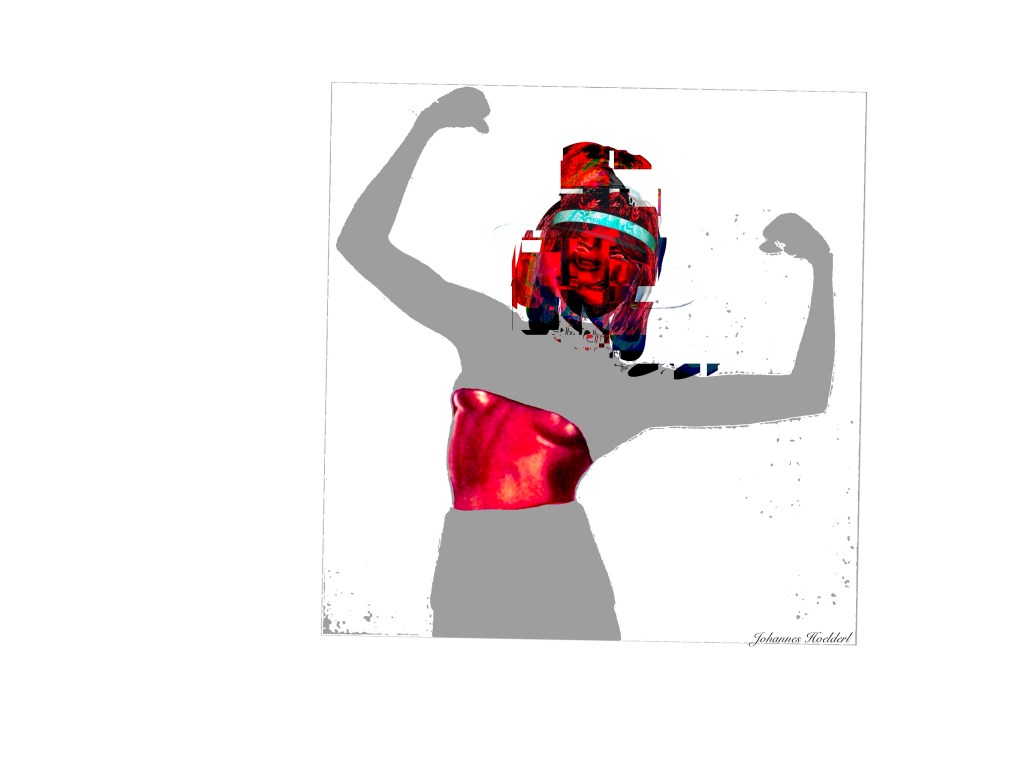 This digital artwork is a compelling piece of **glitch art** that explores themes of identity and technological fragmentation. It uses heavy digital distortion to "deconstruct" a portrait, creating a sense of a human signal being lost in noise. ### Composition and Subject * **Central Figure:** The piece features a central human figure, seemingly mid-motion with arms raised in a dynamic, defensive, or expressive pose. * **Headwear:** The most distinct and "solid" element is a white **boater hat** with a black ribbon, which provides a grounded, classic fashion element amidst the digital chaos. * **Framing:** The figure is loosely framed within a faint, sketchy square border that appears to be disintegrating along with the subject. ### Color and Contrast * **High Contrast:** The work relies on a stark **monochromatic background** (pure white) which makes the dark, fragmented silhouette of the figure pop intensely. * **Primary Palette:** The dominant colors are deep blacks and saturated **crimson and magenta reds**. * **Accent Colors:** Small, sharp bursts of **cyan and teal** appear in the glitch artifacts around the head, contrasting with the warm tones of the face. ### Technical Glitch Effects * **Pixelation and Scattering:** The edges of the figure are not solid; they are shattered into thousands of tiny black pixels that seem to be drifting away into the white void. * **Horizontal Data Corruption:** Several thick horizontal bars—reminiscent of **analog scan lines** or corrupted video data—cut across the figure's face and torso, "masking" parts of the subject. * **Thermal/Inverted Face:** The face is rendered in a high-intensity red and pink palette, with the eyes appearing as glowing white voids, giving the subject an ethereal or "monitored" appearance. --- The overall mood is one of **digital decay**. It feels like a captured moment from a failing transmission, where the human form is being converted into—and potentially erased by—pure data. 