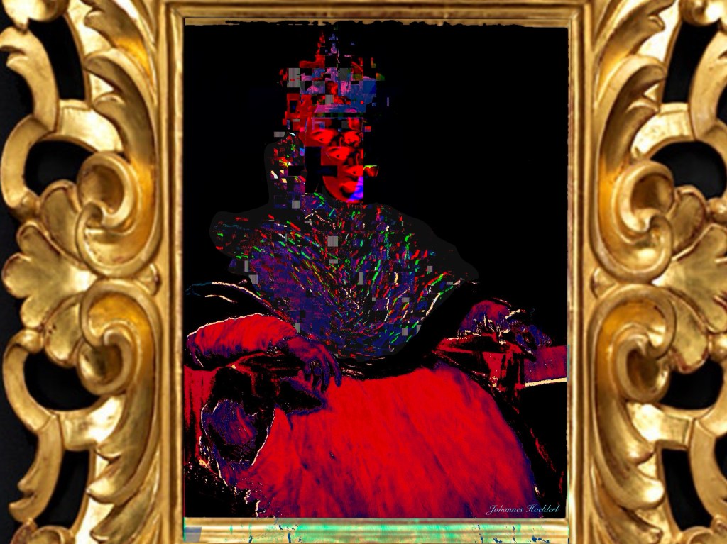 This painting presents a dramatic fusion of classical portraiture and digital corruption.
At the center sits a formally dressed figure in a composed, almost aristocratic pose. The subject appears seated, one arm resting across the body and the other draped over a surface covered in vivid red fabric. The clothing is dark—deep purples, blues, and blacks—rendered with sharp highlights that give the folds a sculptural quality. The red cloth dominates the lower half of the composition, glowing intensely against the surrounding darkness.
The face, however, is fragmented. The upper portion is broken into glitch-like blocks of red, blue, and magenta, as if the image is being digitally scrambled. This distortion disrupts the otherwise classical composition, creating tension between tradition and technological interference. The figure’s expression is partially obscured, making them feel distant, anonymous, or destabilized.
The background is nearly pure black, isolating the subject in a void-like space. This stark contrast intensifies the dramatic lighting and makes the colors—especially the saturated reds—feel almost electric.
Encasing the painting is an ornate gold frame with elaborate baroque-style scrollwork and floral detailing. The richness of the frame contrasts with the corrupted interior image, reinforcing the clash between old-world grandeur and contemporary digital decay.
Overall, the piece feels like a classical noble portrait overtaken by modern glitch aesthetics—suggesting themes of identity fragmentation, the instability of legacy, or the distortion of history through a technological lens.

