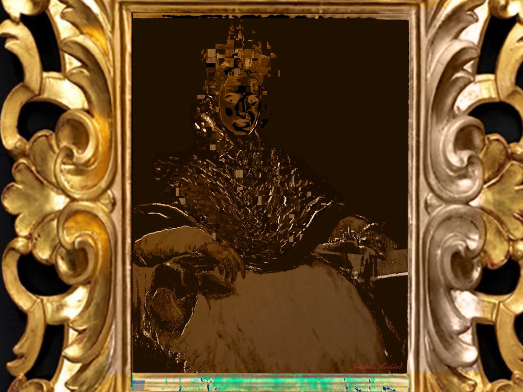 This painting presents a dramatic fusion of classical portraiture and digital corruption.
At the center sits a formally dressed figure in a composed, almost aristocratic pose. The subject appears seated, one arm resting across the body and the other draped over a surface covered in vivid red fabric. The clothing is dark—deep purples, blues, and blacks—rendered with sharp highlights that give the folds a sculptural quality. The red cloth dominates the lower half of the composition, glowing intensely against the surrounding darkness.
The face, however, is fragmented. The upper portion is broken into glitch-like blocks of red, blue, and magenta, as if the image is being digitally scrambled. This distortion disrupts the otherwise classical composition, creating tension between tradition and technological interference. The figure’s expression is partially obscured, making them feel distant, anonymous, or destabilized.
The background is nearly pure black, isolating the subject in a void-like space. This stark contrast intensifies the dramatic lighting and makes the colors—especially the saturated reds—feel almost electric.
Encasing the painting is an ornate gold frame with elaborate baroque-style scrollwork and floral detailing. The richness of the frame contrasts with the corrupted interior image, reinforcing the clash between old-world grandeur and contemporary digital decay.
Overall, the piece feels like a classical noble portrait overtaken by modern glitch aesthetics—suggesting themes of identity fragmentation, the instability of legacy, or the distortion of history through a technological lens.
