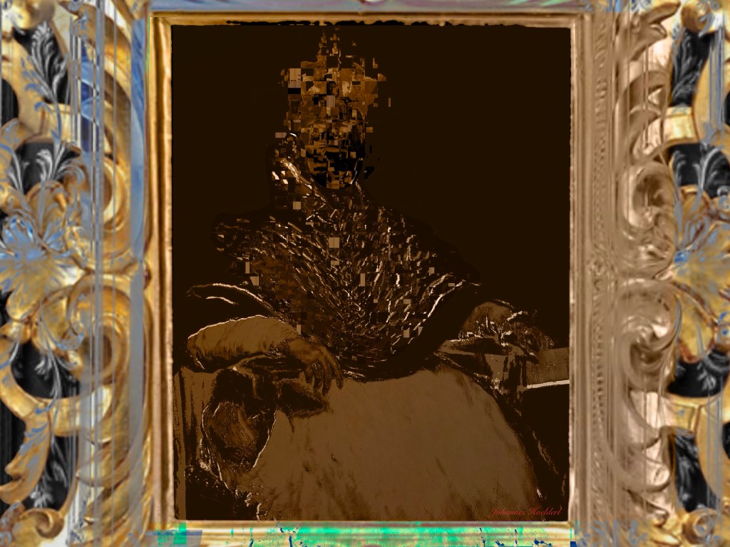 This painting presents a dramatic fusion of classical portraiture and digital corruption.
At the center sits a formally dressed figure in a composed, almost aristocratic pose. The subject appears seated, one arm resting across the body and the other draped over a surface covered in vivid red fabric. The clothing is dark—deep purples, blues, and blacks—rendered with sharp highlights that give the folds a sculptural quality. The red cloth dominates the lower half of the composition, glowing intensely against the surrounding darkness.
The face, however, is fragmented. The upper portion is broken into glitch-like blocks of red, blue, and magenta, as if the image is being digitally scrambled. This distortion disrupts the otherwise classical composition, creating tension between tradition and technological interference. The figure’s expression is partially obscured, making them feel distant, anonymous, or destabilized.
The background is nearly pure black, isolating the subject in a void-like space. This stark contrast intensifies the dramatic lighting and makes the colors—especially the saturated reds—feel almost electric.
Encasing the painting is an ornate gold frame with elaborate baroque-style scrollwork and floral detailing. The richness of the frame contrasts with the corrupted interior image, reinforcing the clash between old-world grandeur and contemporary digital decay.
Overall, the piece feels like a classical noble portrait overtaken by modern glitch aesthetics—suggesting themes of identity fragmentation, the instability of legacy, or the distortion of history through a technological lens.
