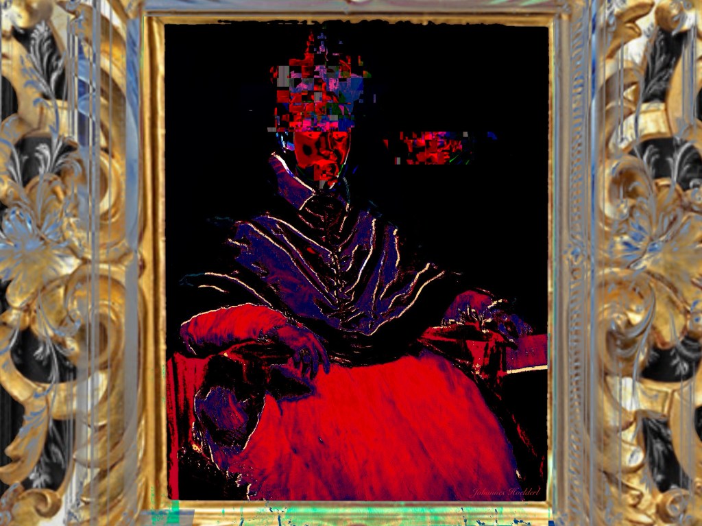 This painting presents a dramatic fusion of classical portraiture and digital corruption.
At the center sits a formally dressed figure in a composed, almost aristocratic pose. The subject appears seated, one arm resting across the body and the other draped over a surface covered in vivid red fabric. The clothing is dark—deep purples, blues, and blacks—rendered with sharp highlights that give the folds a sculptural quality. The red cloth dominates the lower half of the composition, glowing intensely against the surrounding darkness.
The face, however, is fragmented. The upper portion is broken into glitch-like blocks of red, blue, and magenta, as if the image is being digitally scrambled. This distortion disrupts the otherwise classical composition, creating tension between tradition and technological interference. The figure’s expression is partially obscured, making them feel distant, anonymous, or destabilized.
The background is nearly pure black, isolating the subject in a void-like space. This stark contrast intensifies the dramatic lighting and makes the colors—especially the saturated reds—feel almost electric.
Encasing the painting is an ornate gold frame with elaborate baroque-style scrollwork and floral detailing. The richness of the frame contrasts with the corrupted interior image, reinforcing the clash between old-world grandeur and contemporary digital decay.
Overall, the piece feels like a classical noble portrait overtaken by modern glitch aesthetics—suggesting themes of identity fragmentation, the instability of legacy, or the distortion of history through a technological lens.
